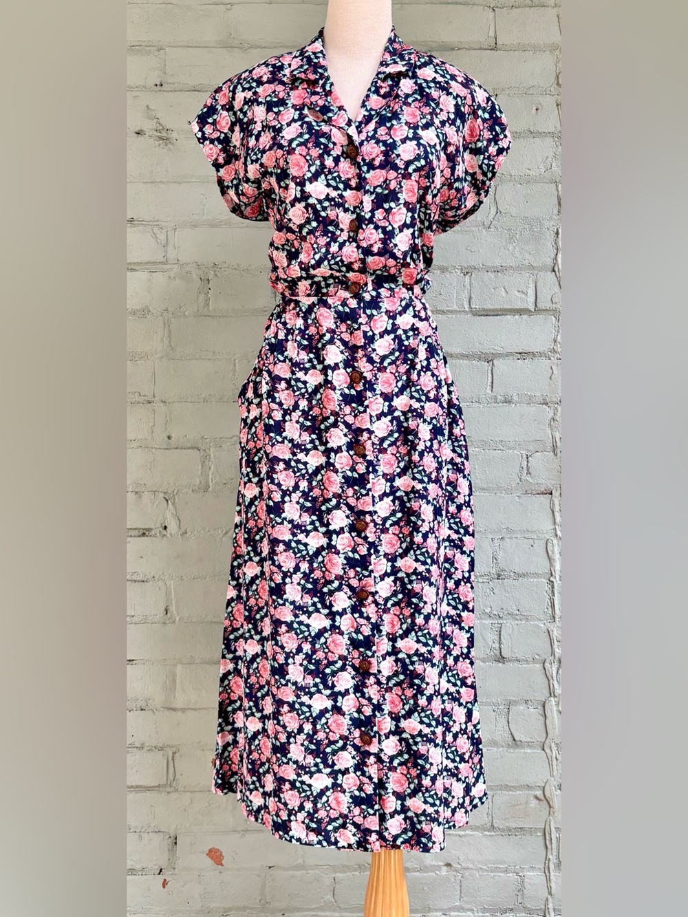 Vintage Floral Midi Dress - Navy with Pink Roses